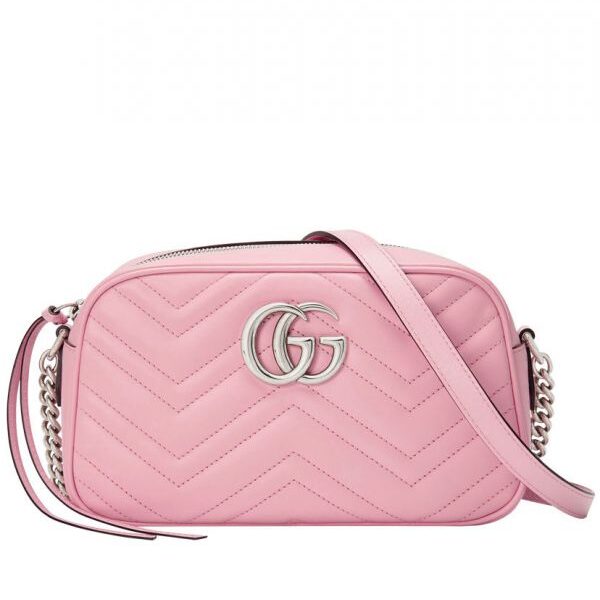 Gucci GG Marmont Silver Logo Signature Zipper Closure Chevron Design Women Fashion Small Red Quilted Leather Crossbody Bag