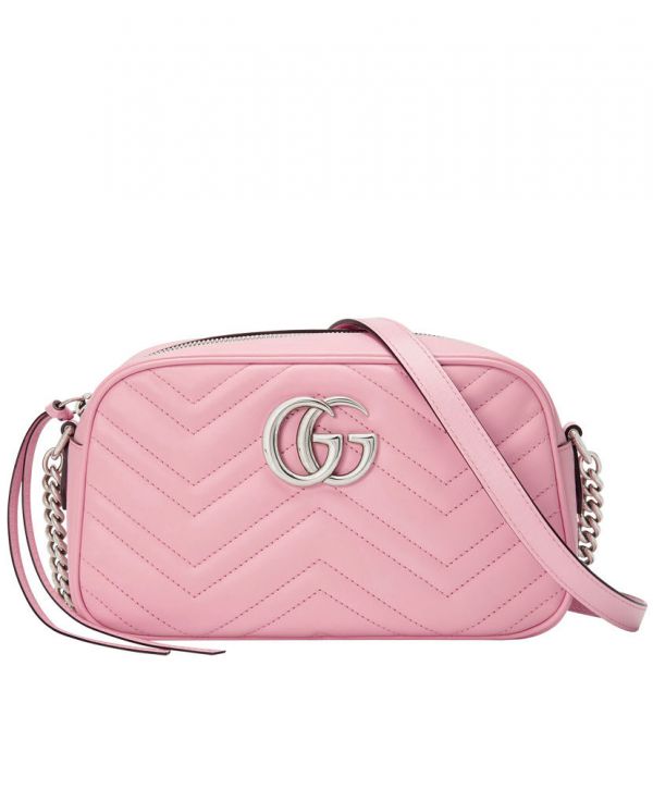 حقيبة كروس نسائية غوتشي GG Marmont شعار Signature سحّاب إغلاق Chevron Design Fashion صغيرة من الجلد باللون الأحمر والفضي مبطنة