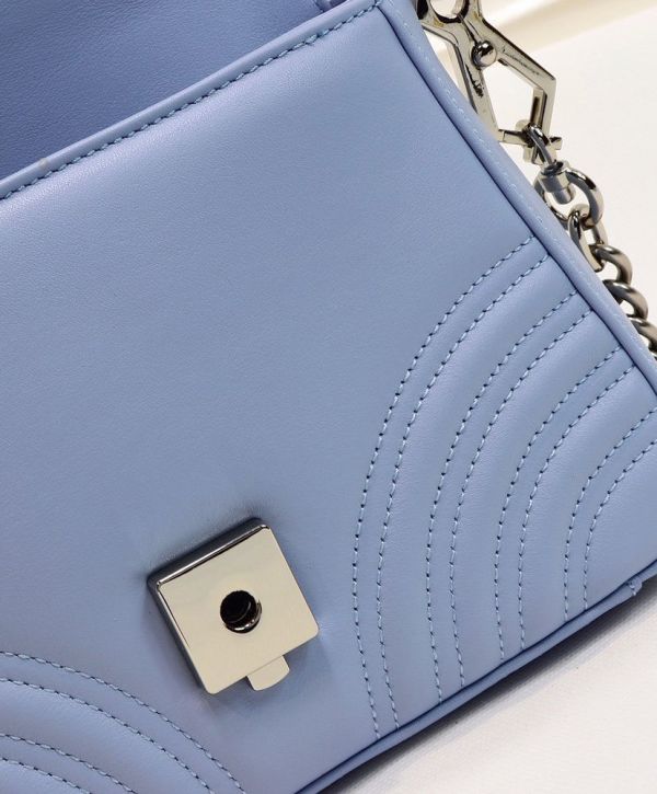 Gucci GG Marmont Mini Single Top Handle Shiny Silver GG Logo Buckle Waved Stripe Motif Light Blue Leather Shoulder Bag UK