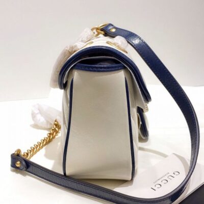 Gucci GG Marmont White Striped Quilted Leather Navy Trimming Brass Buckle & Shoulder Strap Women Cheapest Small Flap Crossbody Bag