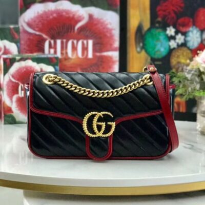 Gucci GG Marmont Red Trimming Twisted Brass Logo Buckle Chain Strap Women Diagonal Design Fashion Black Matelasse Leather Flap Bag