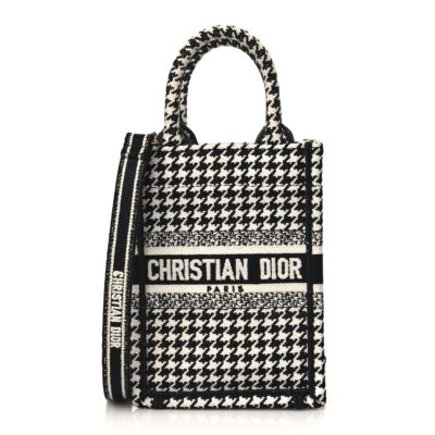 200c51b601b03d10b5b50b85e4961c6f CHRISTIAN DIOR Canvas Houndstooth Embroidered Mini Book Tote Phone Bag Black White