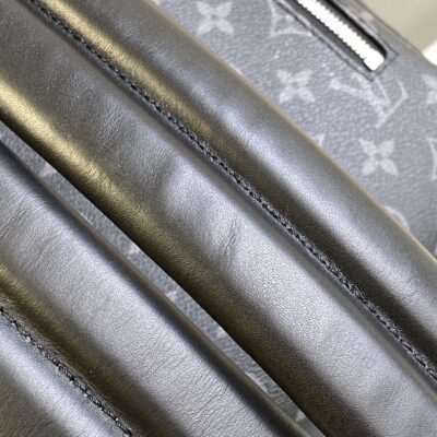 STEAMER BACKPACK 45 IN GUN METAL MONOGRAM ECLIPSE CANVAS AND BLACK CALFSKIN SILVER BUCKLE