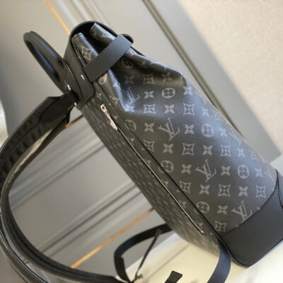 STEAMER BACKPACK 45 IN GUN METAL MONOGRAM ECLIPSE CANVAS AND BLACK CALFSKIN SILVER BUCKLE