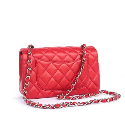 MINI RECTANGLE FLAP BAG 20CM RED LAMBSKIN SILVER HARDWARE