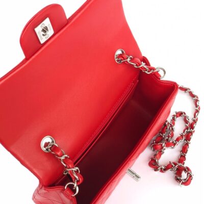MINI RECTANGLE FLAP BAG 20CM RED LAMBSKIN SILVER HARDWARE