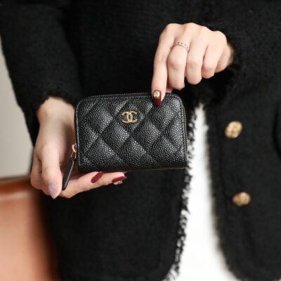 CC ZIPPED COIN BASIC PURSE 11 BLACK CAVIAR CALFSKIN GOLD ICON
