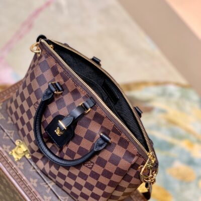 BOÉTIE PM TOTE 25 IN BROWN CHECKERED PATTERN MONOGRAM COATED CANVAS