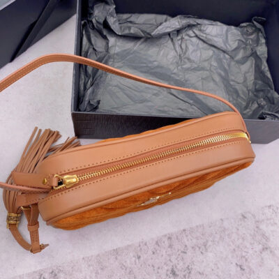 20230418_i1681804207_7494_2_jpg LOU CAMERA BAG 23 IN SPANISH ORANGE SUEDE AND BROWN CALFSKIN TRIM