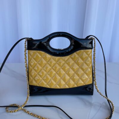 20230710_i1688957685_5427_1_jpg CC MINI 23 SHOPPING BAG IN GLOSSY BLACK MIX MUSTARD YELLOW CALFSKIN