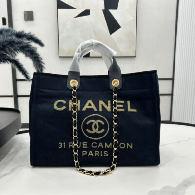 20230722_i1689977533_4094_0_jpg CC DEAUVILLE LARGE 38 TOTE BAG IN BLACK CANVAS WITH GOLD EMBROIDERED LOGO