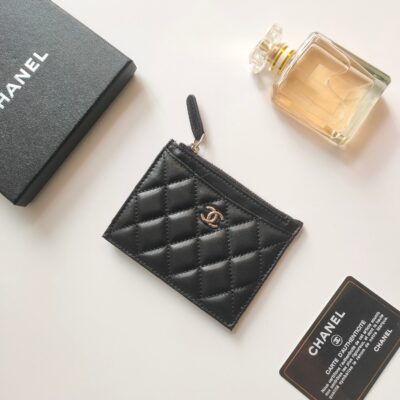 CC ZIPPED CARD HOLDER 11.5 BLACK CALFSKIN