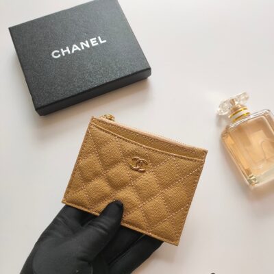 CC ZIPPED CARD HOLDER 11.5 AMBER GRAINED CALFSKIN GOLD ICON