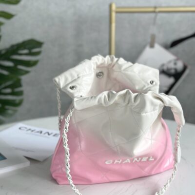 CHANEL 22 BAG 25S 42 CM IN PASTEL PINK MIX WHITE LAMBSKIN WITH WHITE HARDWARE