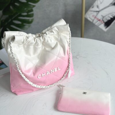 CHANEL 22 BAG 25S 42 CM IN PASTEL PINK MIX WHITE LAMBSKIN WITH WHITE HARDWARE