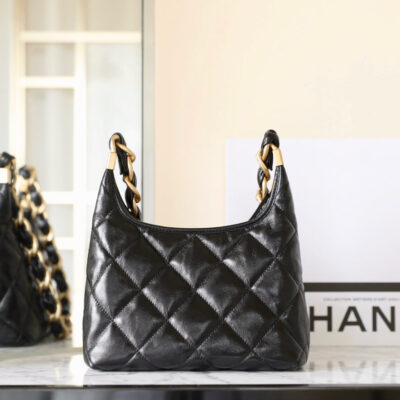 CHANEL 25S HOBO BAG 22 CM IN BLACK LAMBSKIN WITH GOLD HARDWARE