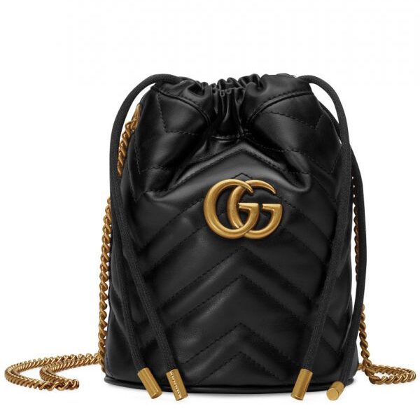 Gucci GG Marmont Wave Design Drawstring Closure Brass Chain Strap Black Matelassel Leather Mini Buckle Bag For Ladies ‎575163