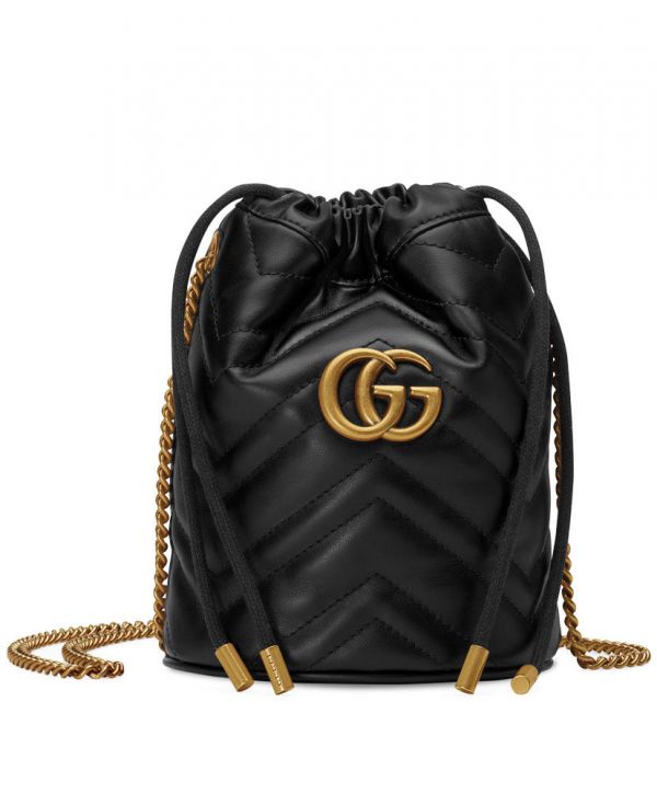 古驰 GG Marmont Wave Design Drawstring Closure 黄铜 Matelassel 搭扣 575163 黑色皮革链条肩带迷你女士包