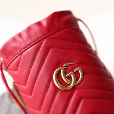 Gucci GG Marmont Double G Decoration Back Heart Detail Brass Strap Women Red Matelasse Chevron Leather Mini Buckle Bag