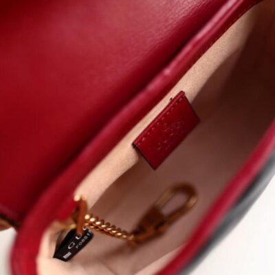 26e4fbbe3bb717217a0c291fdb7854f1 Gucci GG Marmont Super Diagonal Stripes Ttwisted Torchon Brass GG Buckle Red Leather Trimming Black Cowhide Leather Chain Bag