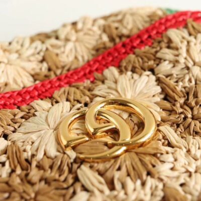 Gucci GG Marmont Red & Green Web Trimming Golden GG Logo Decoration Female Viscose Raffia Braided Flower Motif Chain Bag