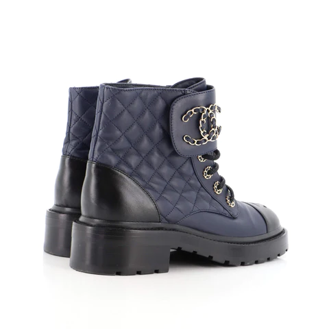 2a07b289dcad1ca11a7774bd67e65dfe Chanel Women's Chain CC Cap Toe Lace Up Combat Boots Quilted Leather