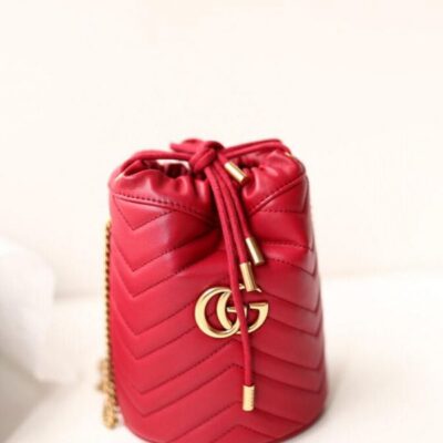 Gucci GG Marmont Double G Decoration Back Heart Detail Brass Strap Women Red Matelasse Chevron Leather Mini Buckle Bag