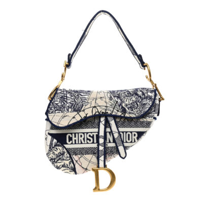 2bfa7a3edd7c2abcb66ed44faf65b18a CHRISTIAN DIOR Canvas Embroidered Around the World Saddle Bag Blue