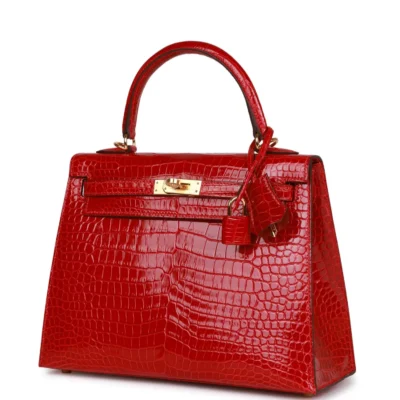 Hermès Kelly Sellier 25 Braise Shiny Porosus Crocodile Gold Hardware