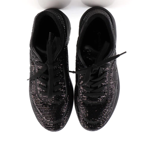 2e054af9fb6287bbb8e82efd2df053d3 Chanel Women's CC Lace Up Sneakers Sequin Embellished Leather