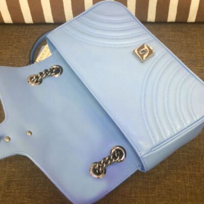 Gucci GG Marmont Silver GG Logo Buckle Chain Shoulder Strap Small Light Blue Quilted Leather Shoulder Bag For Ladies USA