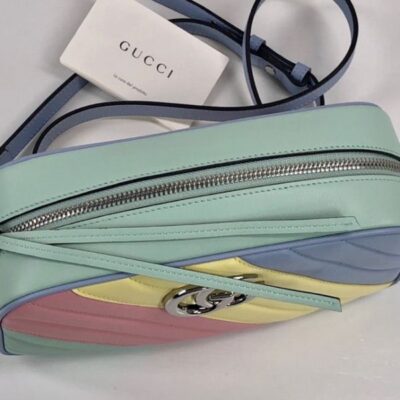 2022 New Gucci GG Marmont Silver Chian Strap Zipper Closure Double G Signature Women Colorful Diagonal Quilted Leather Crossbody Bag Small