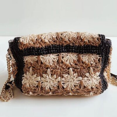 Gucci GG Marmont Crochet Flower Pattern Gold Logo Buckle Women Beige & Camel Viscose Raffia Flap Crossbody Bag