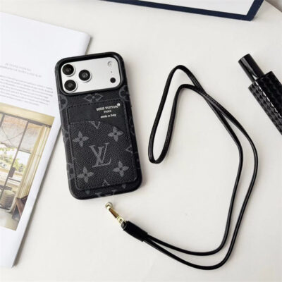 Luxury Monogram Cardholder Phone Case with Lanyard Strap For iPhone 13-18 Pro & Pro Max