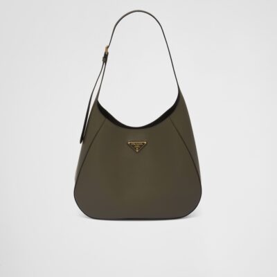 Prada Large leather shoulder bag with topstitching - Military Green/Black