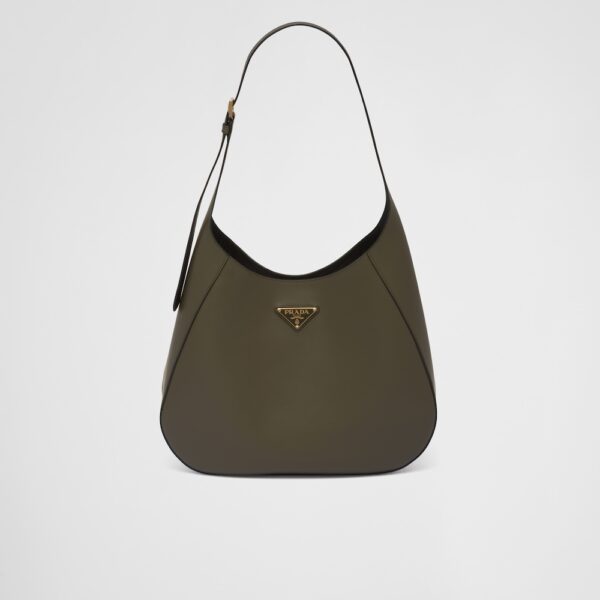 Prada Large leather shoulder bag with topstitching - Military Green/Black