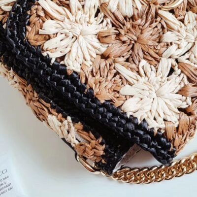Gucci GG Marmont Crochet Flower Pattern Gold Logo Buckle Women Beige & Camel Viscose Raffia Flap Crossbody Bag