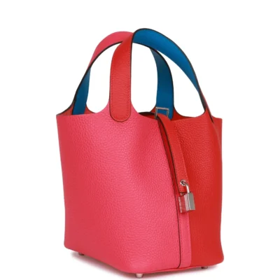 Hermès Picotin Lock 18 Casaque Rouge de Coeur, Rose Extreme and Bleu Zanzibar Clemence Palladium Hardware
