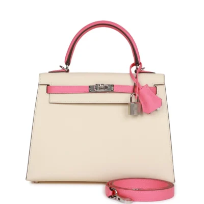 Hermès Special Order (HSS) Kelly Sellier 25 Nata and Rose Azalee Epsom Palladium Hardware