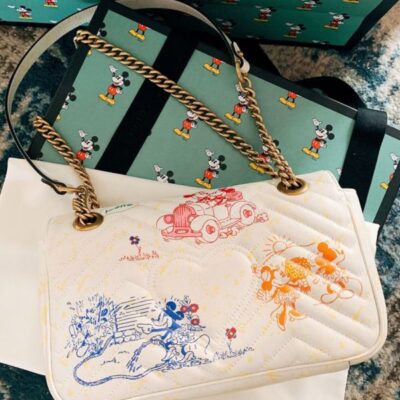 Gucci GG Marmont Disney x Colorful Mickey & Minnie Mouse Printing Brass Logo Buckle 2022 Female New Chain Flap Handbag Cream