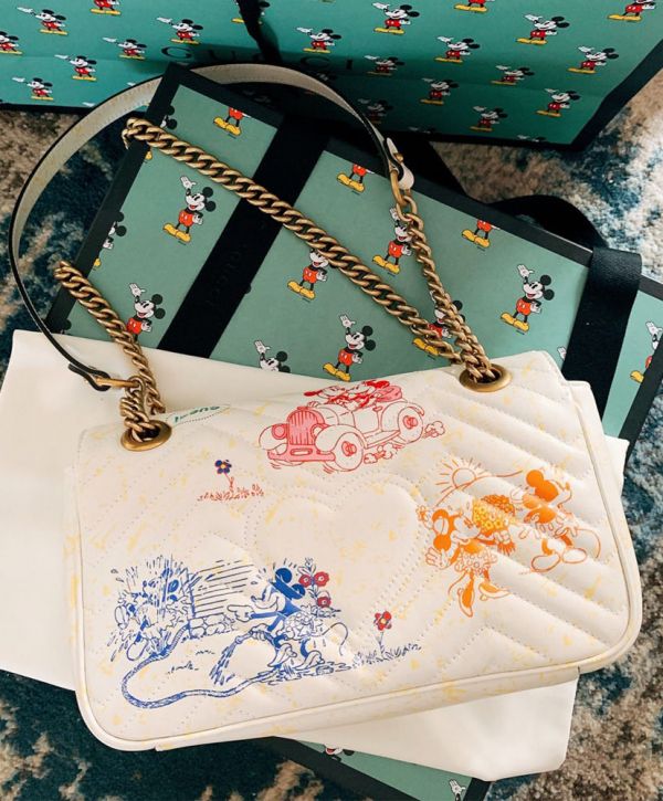 Gucci GG Marmont Disney x Colorful Mickey & Minnie Mouse Printing Brass Logo Buckle 2022 Female New Chain Flap Handbag Cream