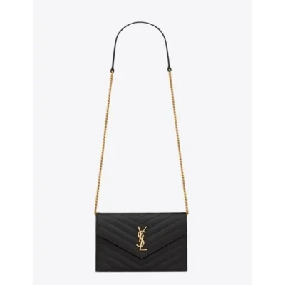 YSL Cassandre YSL Matelass Chain Wallet in Grain de Poudre Embossed Leather