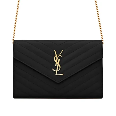 YSL Cassandre YSL Matelass Chain Wallet in Grain de Poudre Embossed Leather