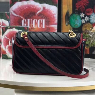 Gucci GG Marmont Red Trimming Twisted Brass Logo Buckle Chain Strap Women Diagonal Design Fashion Black Matelasse Leather Flap Bag