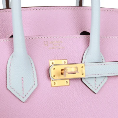 حقيبة هيرميس Special Order HSS Birkin Sellier 25 Mauve Sylvestre Brume مصقول من جلد إبسوم باللون الأزرق مع إكسسوارات معدنية ذهبية