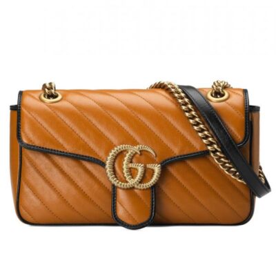 Gucci GG Marmont Small Tan Diagonal Matelasse Flap Bag Women Fashion Black Trimming Brass Logo Buckle Chain Bag 26CM