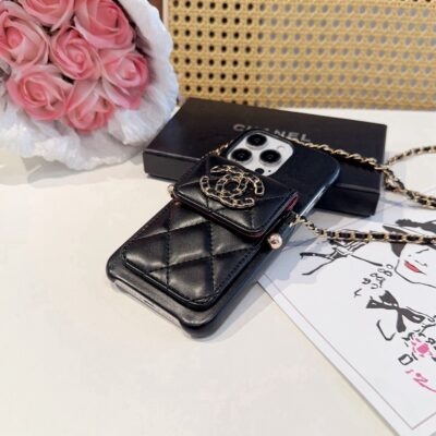 Chanel Style Quilted Leather Phone Case with Crossbody Chain & Card Pocket