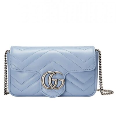 Gucci GG Marmont Silver Logo Magnetic Buckle Light Blue Super Mini Chain Bag Women Fashion Chevron Design Crossbody Bag