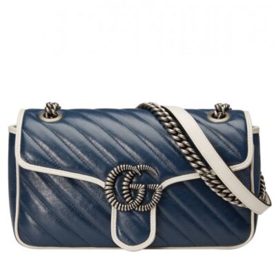 حقيبة نسائية غوتشي GG Marmont Diagonal Line Trimming Chian كتف بحزام Hot Selling بغطاء صغيرة من الجلد باللون الأزرق الداكن والأبيض والذهبي مبطنة