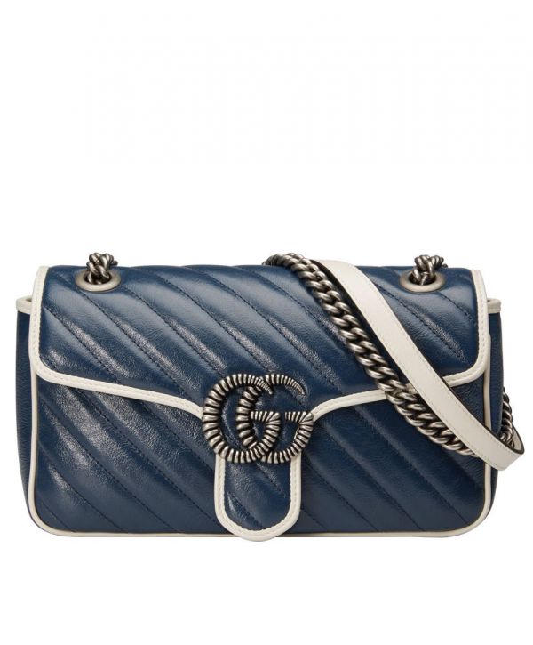 حقيبة نسائية غوتشي GG Marmont Diagonal Line Trimming Chian كتف بحزام Hot Selling بغطاء صغيرة من الجلد باللون الأزرق الداكن والأبيض والذهبي مبطنة